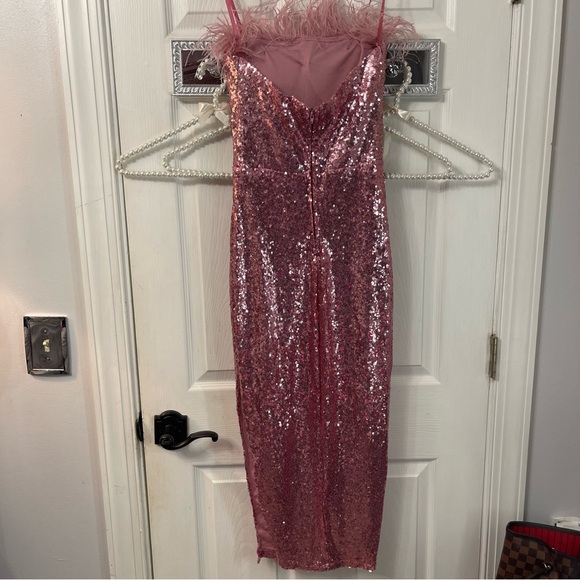 Pink Sequin Feather Trim Dress - Picture 6 of 10